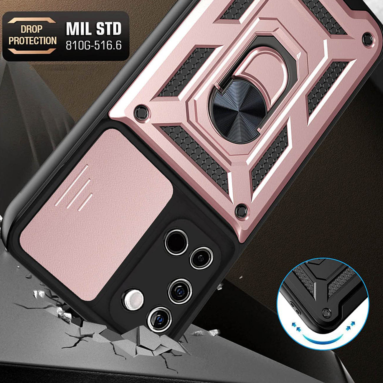 Kickstand Ring Holder with Slide Camera Cover TPU Shockproof Case and Magnetic Car Mount for SAMSUNG GALAXY A02S In Rose Gold
