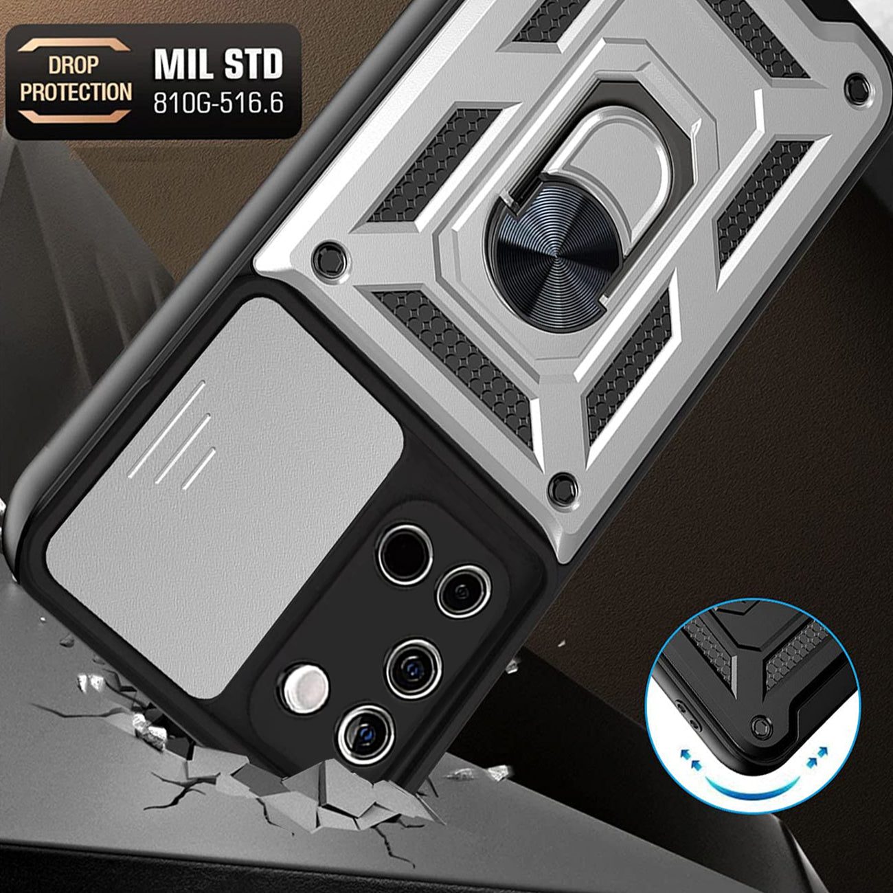 Kickstand Ring Holder with Slide Camera Cover TPU Shockproof Case and Magnetic Car Mount for SAMSUNG GALAXY A02S In Silver