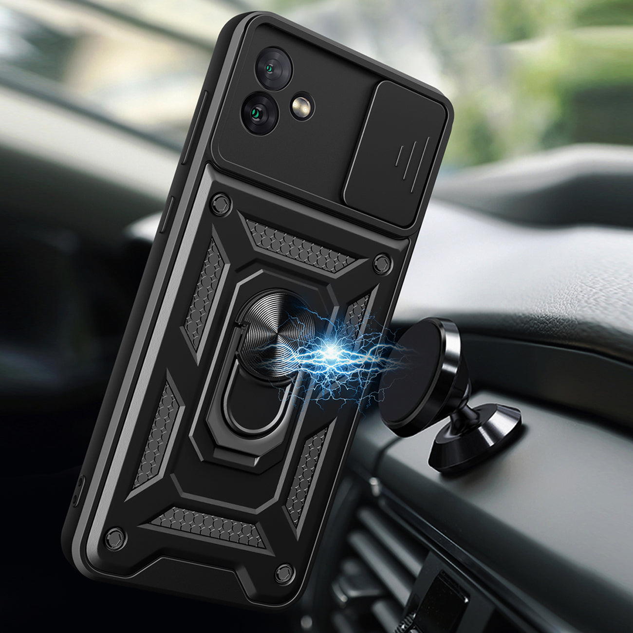 Kickstand Ring Holder with Slide Camera Cover TPU Magnetic Car Mount for GALAXY A04 In Black
