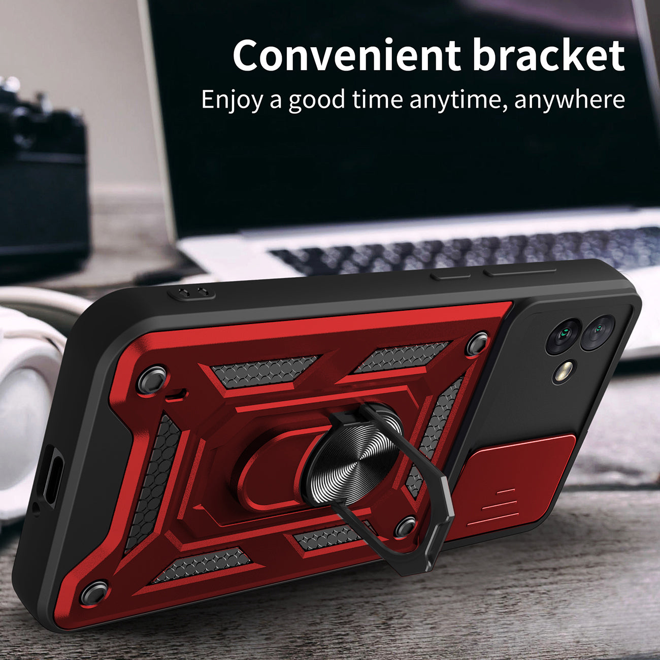 Kickstand Ring Holder with Slide Camera Cover TPU Magnetic Car Mount for GALAXY A04 In Red