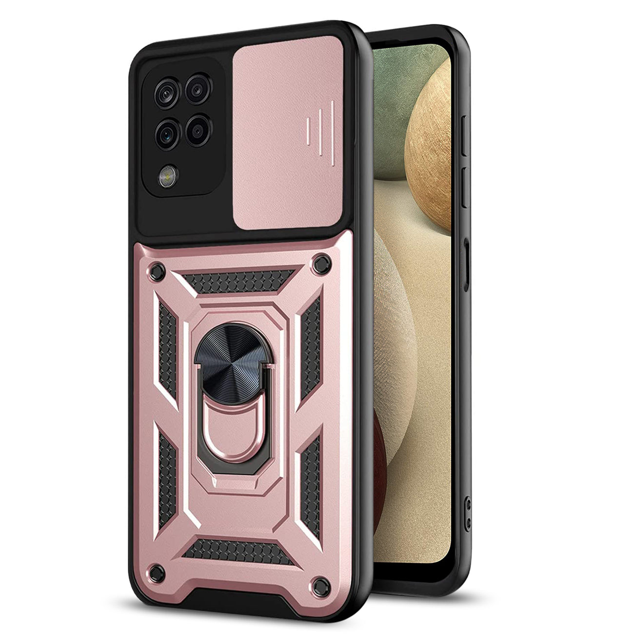 Kickstand Ring Holder with Slide Camera Cover TPU Shockproof Case and Magnetic Car Mount for SAMSUNG GALAXY A12 5G In Rose Gold