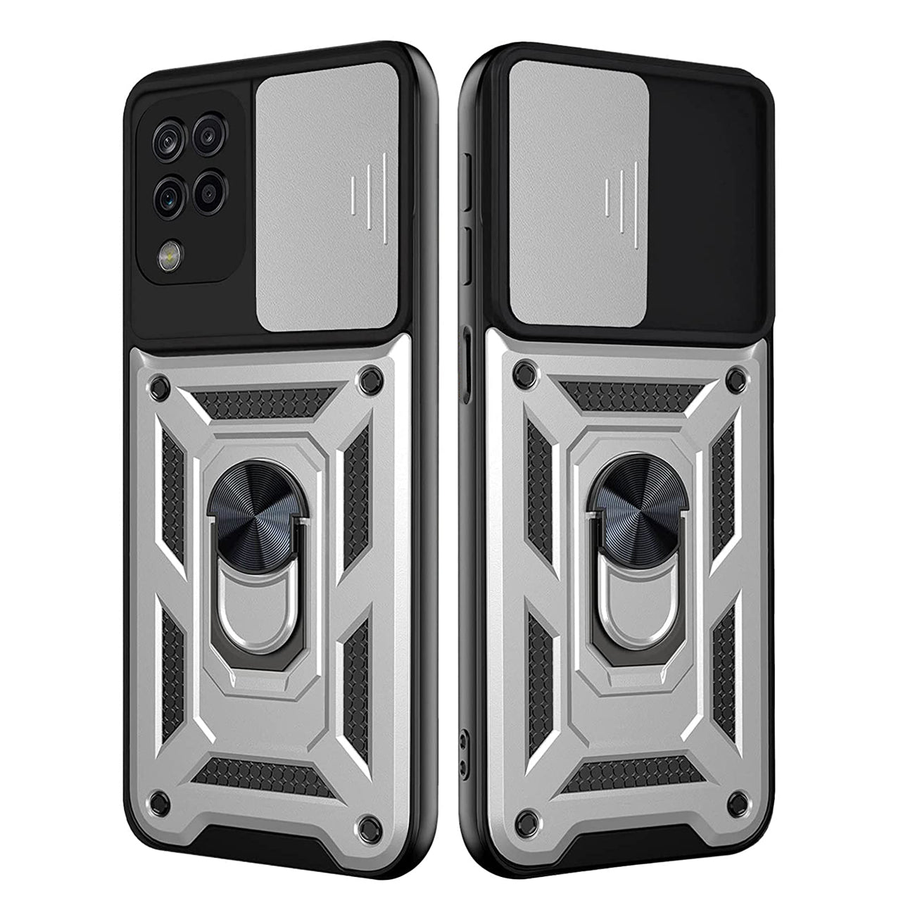 Kickstand Ring Holder with Slide Camera Cover TPU Shockproof Case and Magnetic Car Mount for SAMSUNG GALAXY A12 5G In Silver