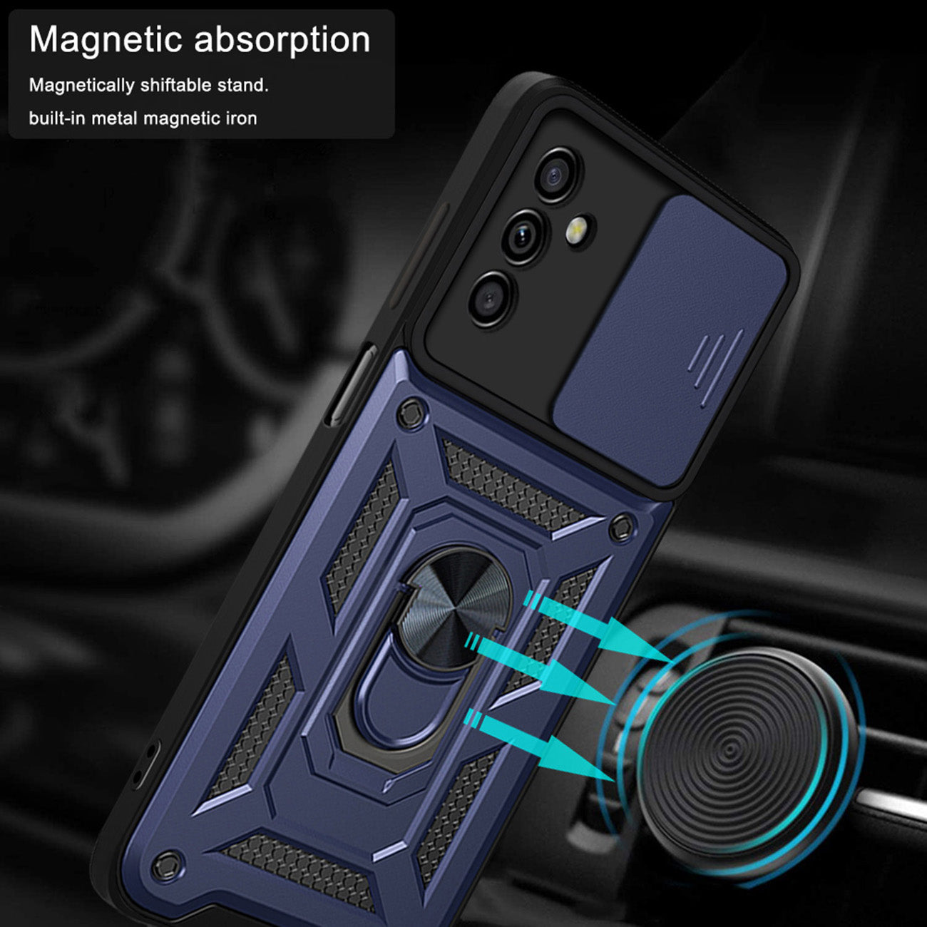 Kickstand Ring Holder with Slide Camera Cover TPU Magnetic Car Mount for GALAXY A13 5G/A04S In Blue