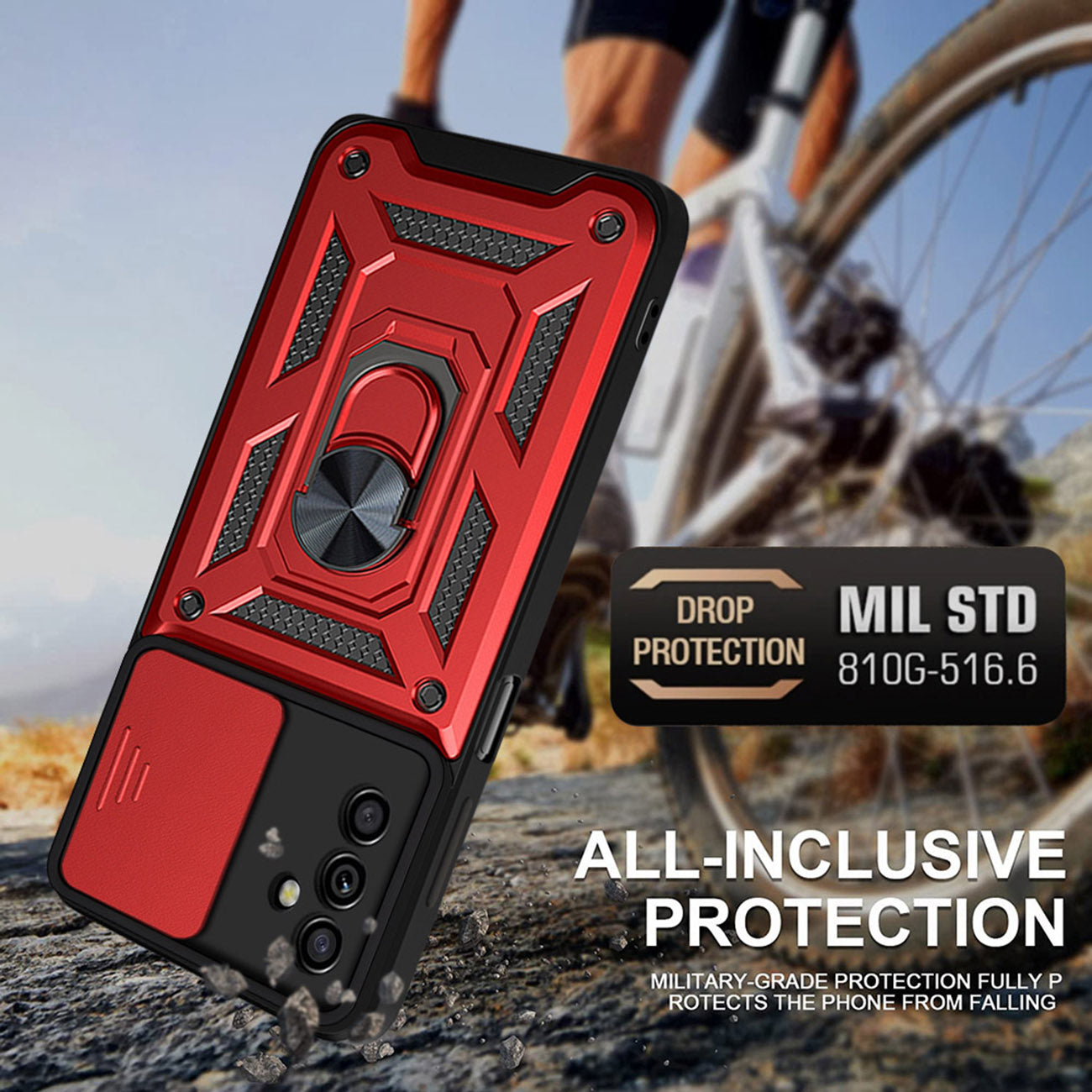 Kickstand Ring Holder with Slide Camera Cover TPU Magnetic Car Mount for GALAXY A13 5G/A04S In Red