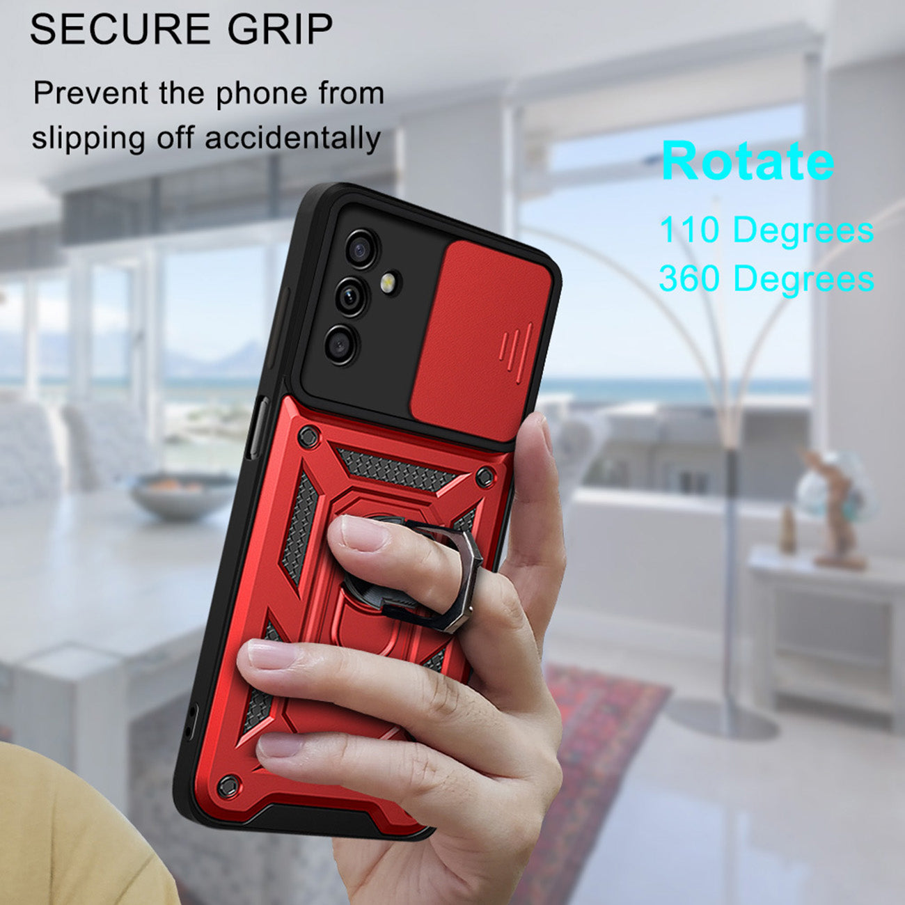 Kickstand Ring Holder with Slide Camera Cover TPU Magnetic Car Mount for GALAXY A13 5G/A04S In Red