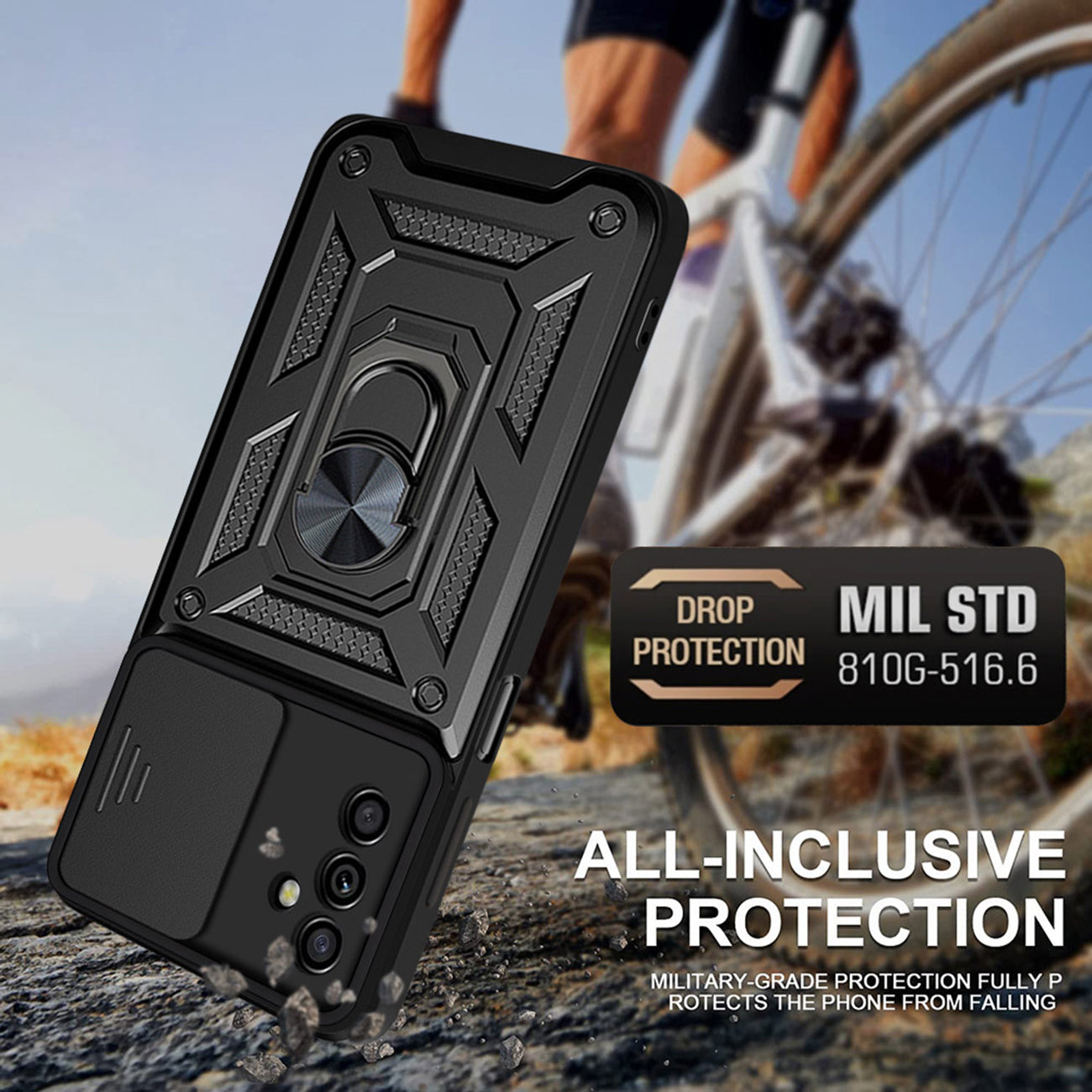 Kickstand Ring Holder with Slide Camera Cover TPU Magnetic Car Mount for GALAXY A14 5G In Black