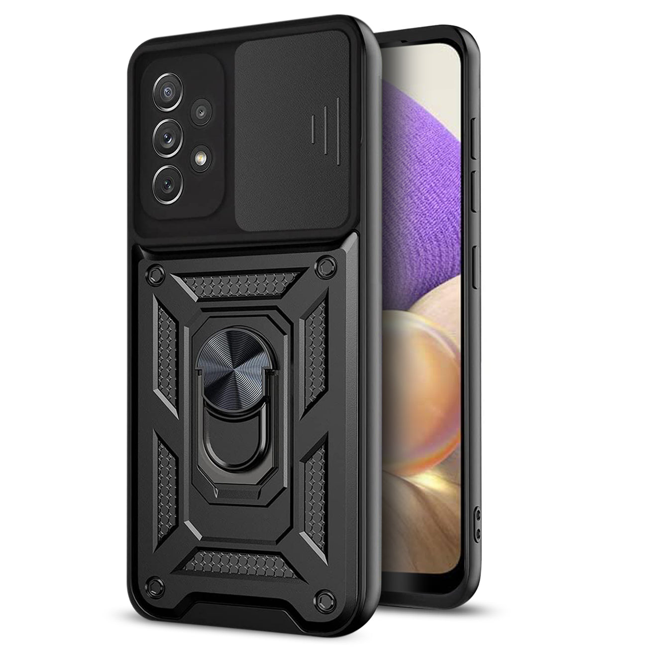 Kickstand Ring Holder with Slide Camera Cover TPU Shockproof Case and Magnetic Car Mount for SAMSUNG GALAXY A32 5G In Black