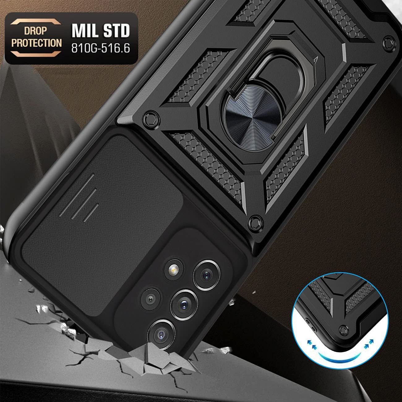 Kickstand Ring Holder with Slide Camera Cover TPU Shockproof Case and Magnetic Car Mount for SAMSUNG GALAXY A32 5G In Black