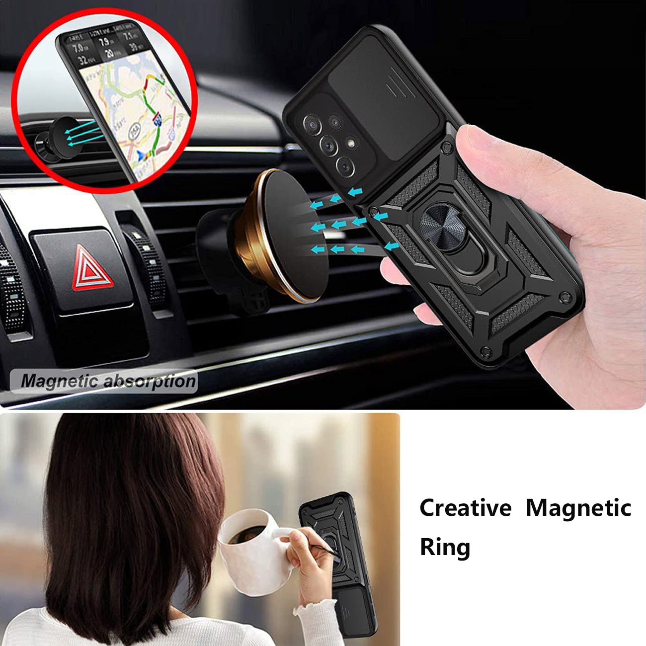 Kickstand Ring Holder with Slide Camera Cover TPU Shockproof Case and Magnetic Car Mount for SAMSUNG GALAXY A32 5G In Black