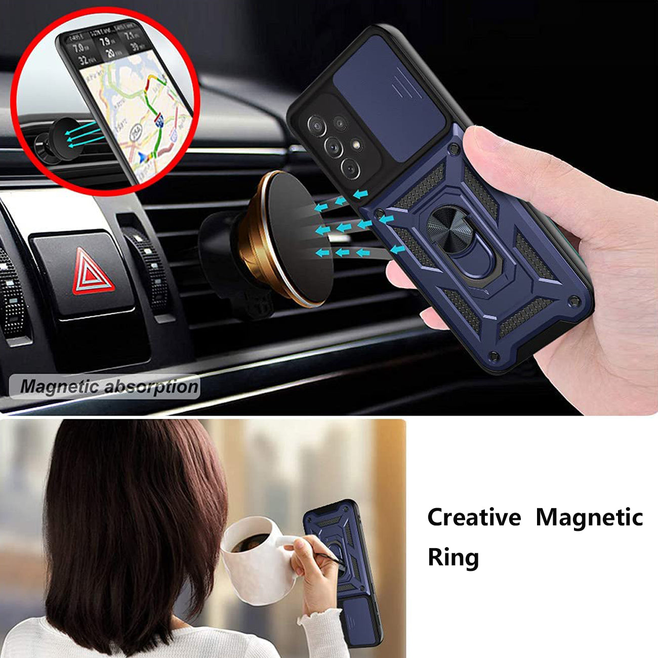 Kickstand Ring Holder with Slide Camera Cover TPU Shockproof Case and Magnetic Car Mount for SAMSUNG GALAXY A32 5G In Blue