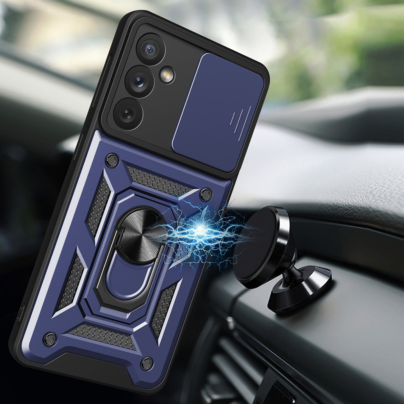 Kickstand Ring Holder with Slide Camera Cover TPU Magnetic Car Mount for GALAXY A34 5G In Blue