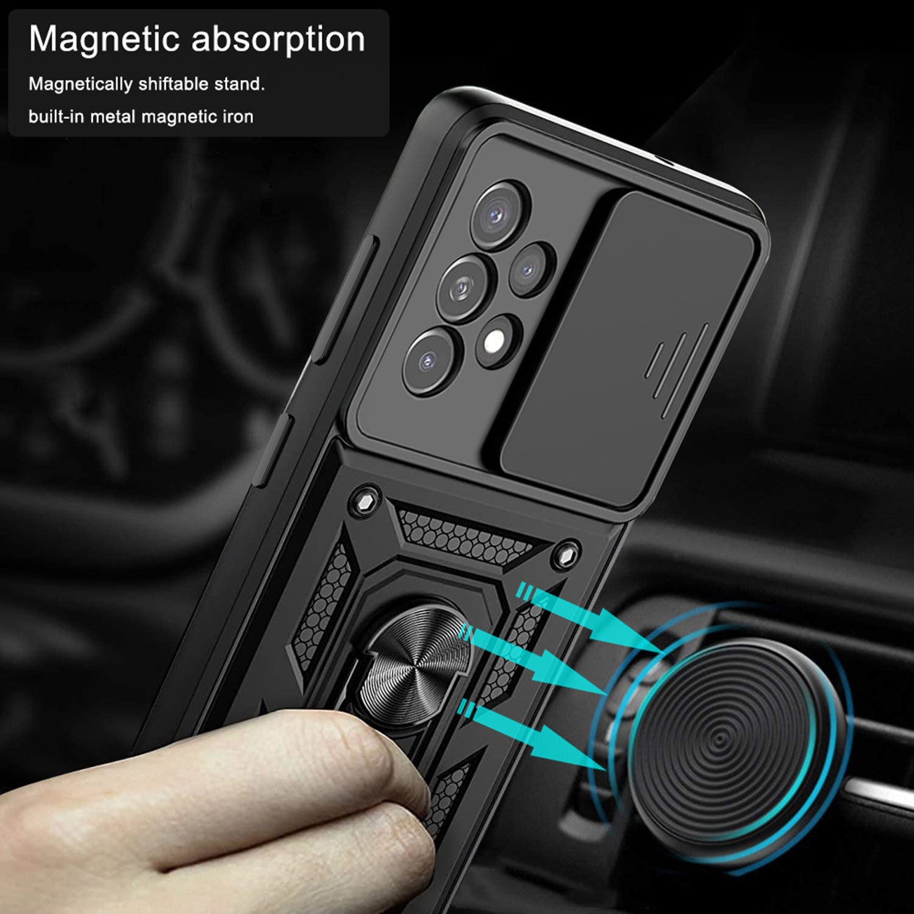 Kickstand Ring Holder with Slide Camera Cover TPU Magnetic Car Mount for GALAXY A53 5G In Black