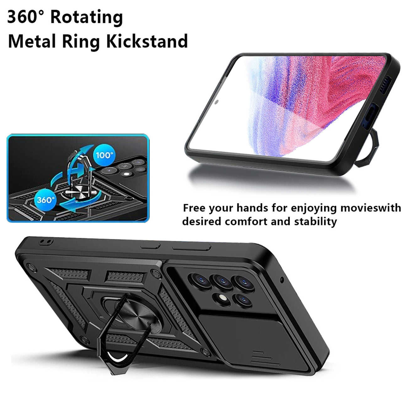 Kickstand Ring Holder with Slide Camera Cover TPU Magnetic Car Mount for GALAXY A53 5G In Black