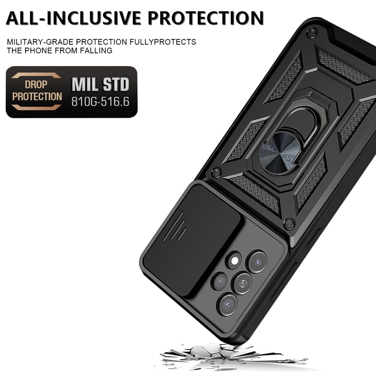 Kickstand Ring Holder with Slide Camera Cover TPU Magnetic Car Mount for GALAXY A53 5G In Black