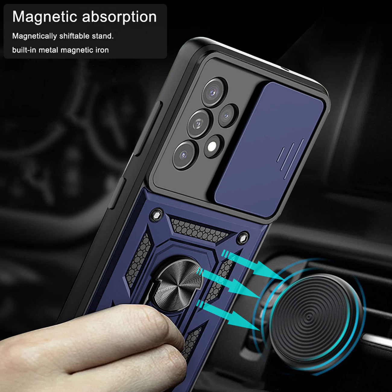 Kickstand Ring Holder with Slide Camera Cover TPU Magnetic Car Mount for GALAXY A53 5G In Blue