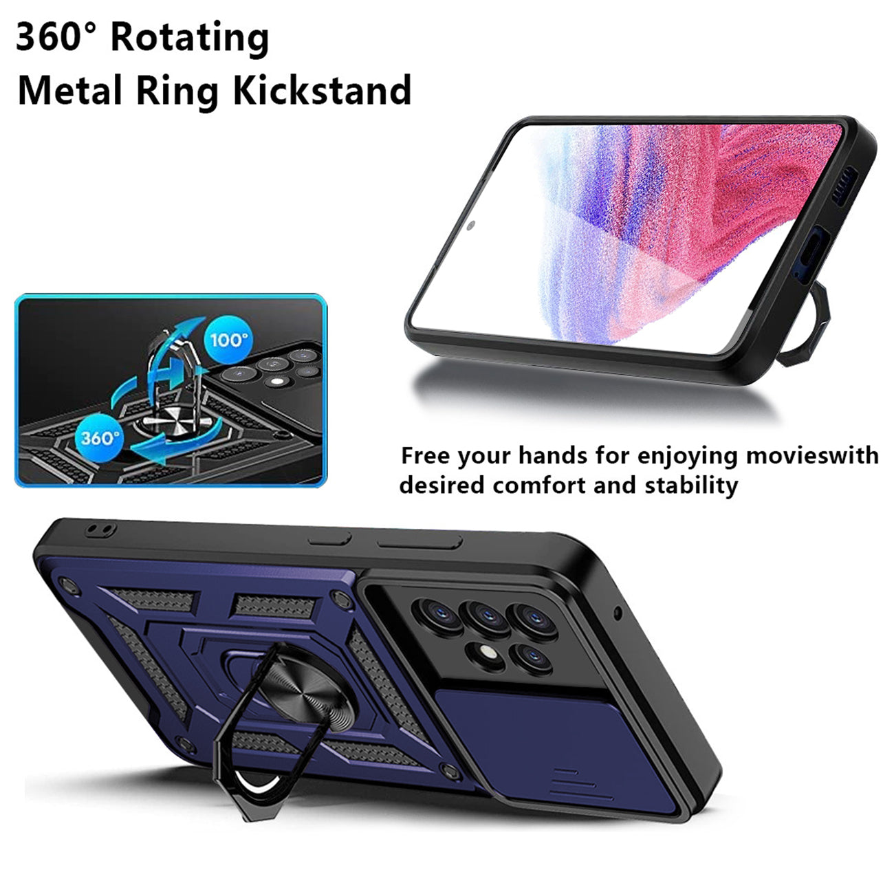 Kickstand Ring Holder with Slide Camera Cover TPU Magnetic Car Mount for GALAXY A53 5G In Blue