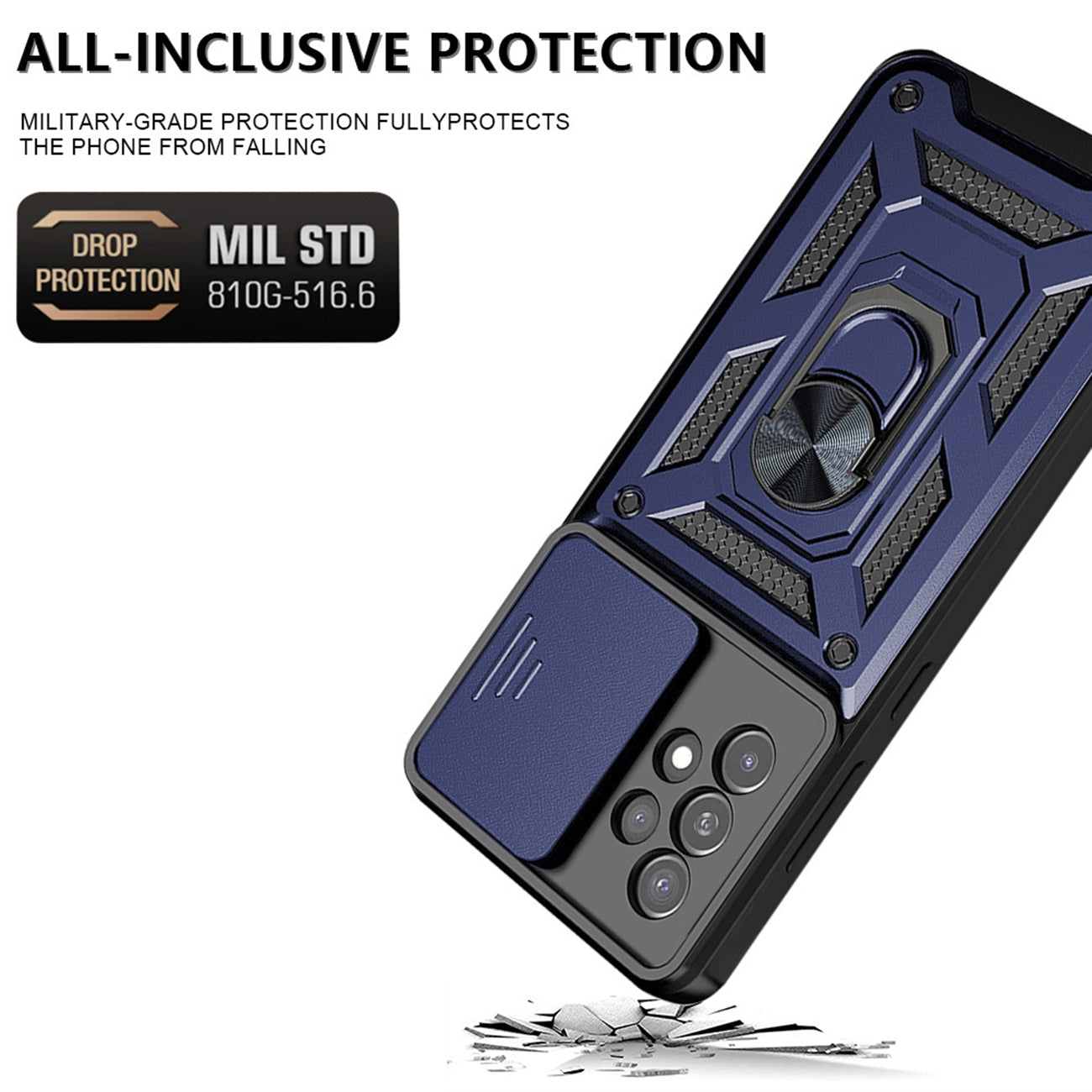 Kickstand Ring Holder with Slide Camera Cover TPU Magnetic Car Mount for GALAXY A53 5G In Blue