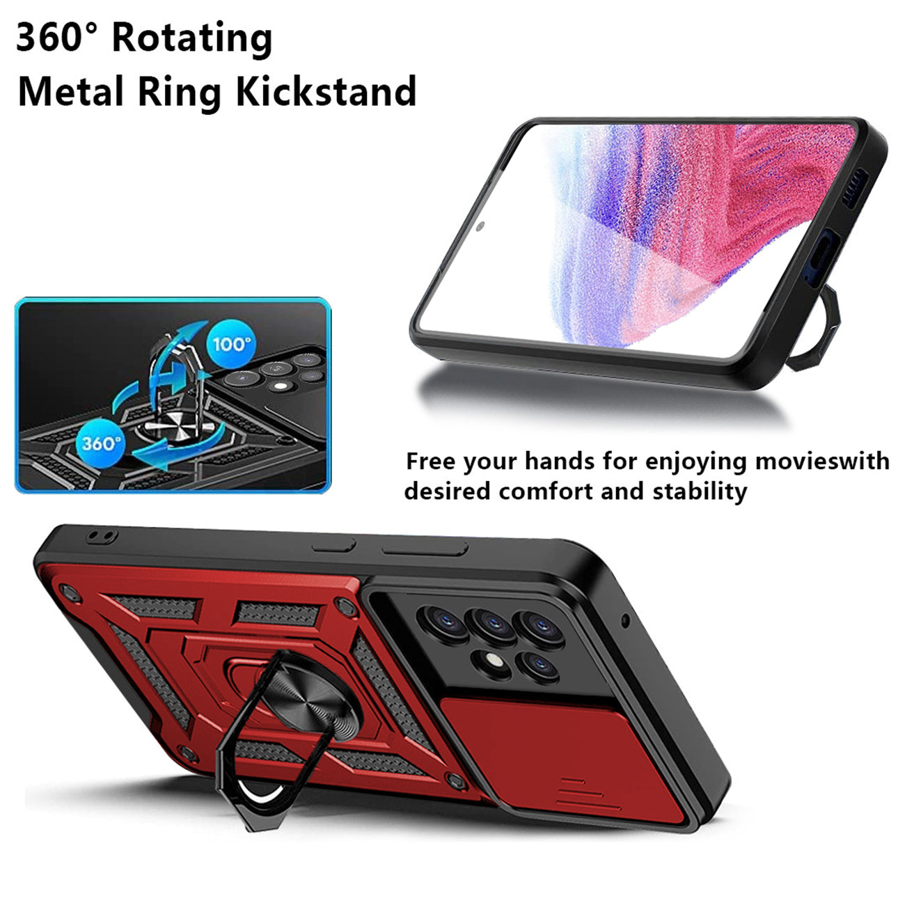 Kickstand Ring Holder with Slide Camera Cover TPU Magnetic Car Mount for GALAXY A53 5G In Red