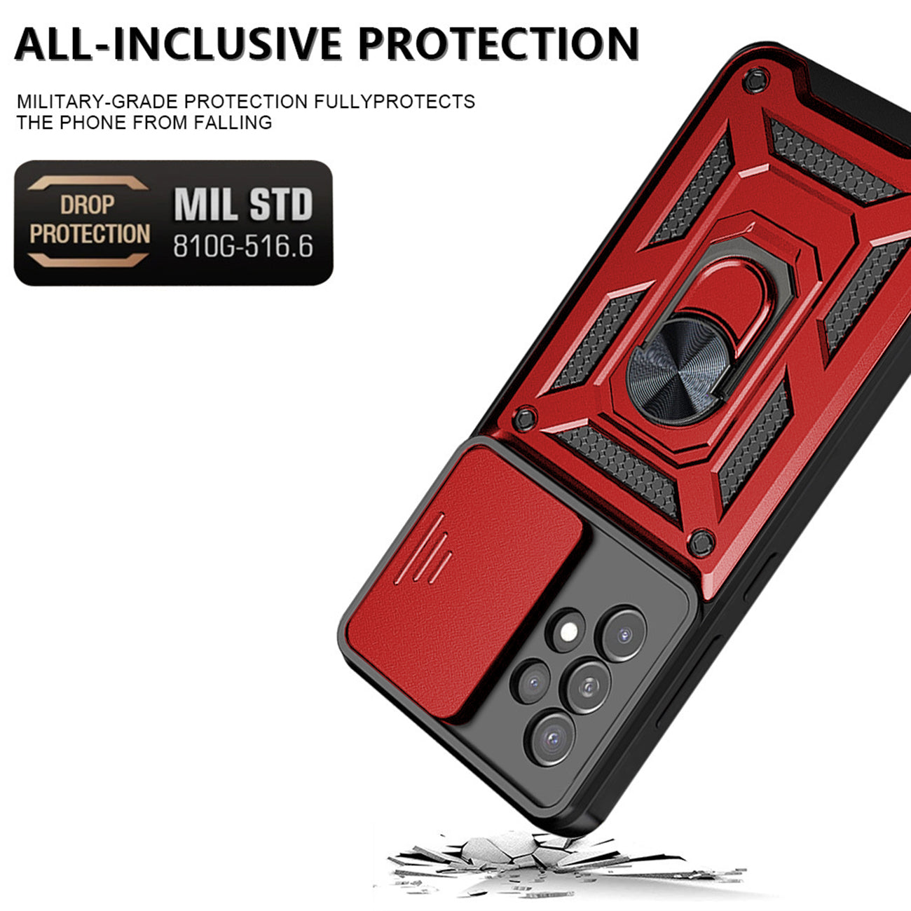 Kickstand Ring Holder with Slide Camera Cover TPU Magnetic Car Mount for GALAXY A53 5G In Red