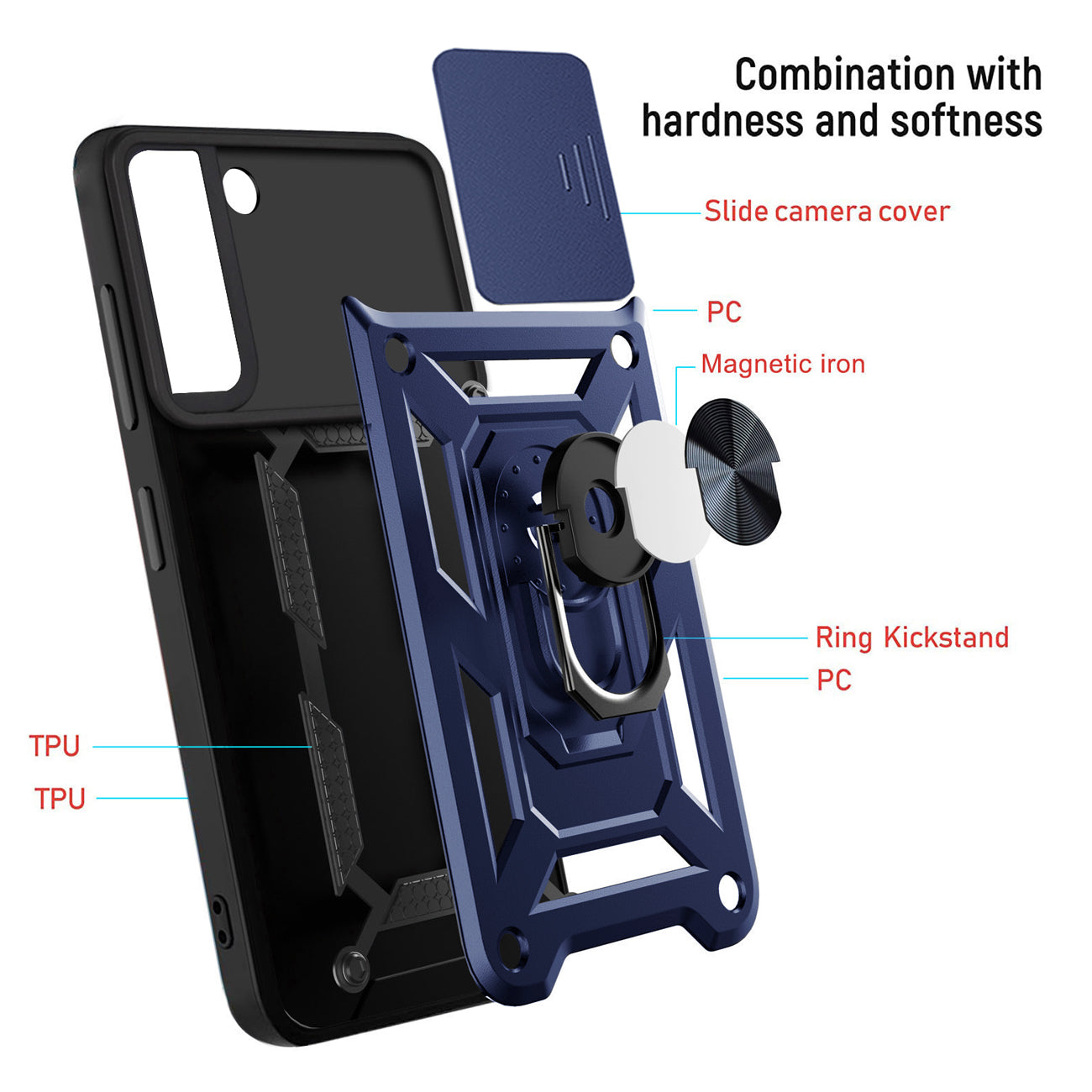 Kickstand Ring Holder & Slide Camera Cover Magnetic Car Mount for SAMSUNG GALAXY S22 In Blue