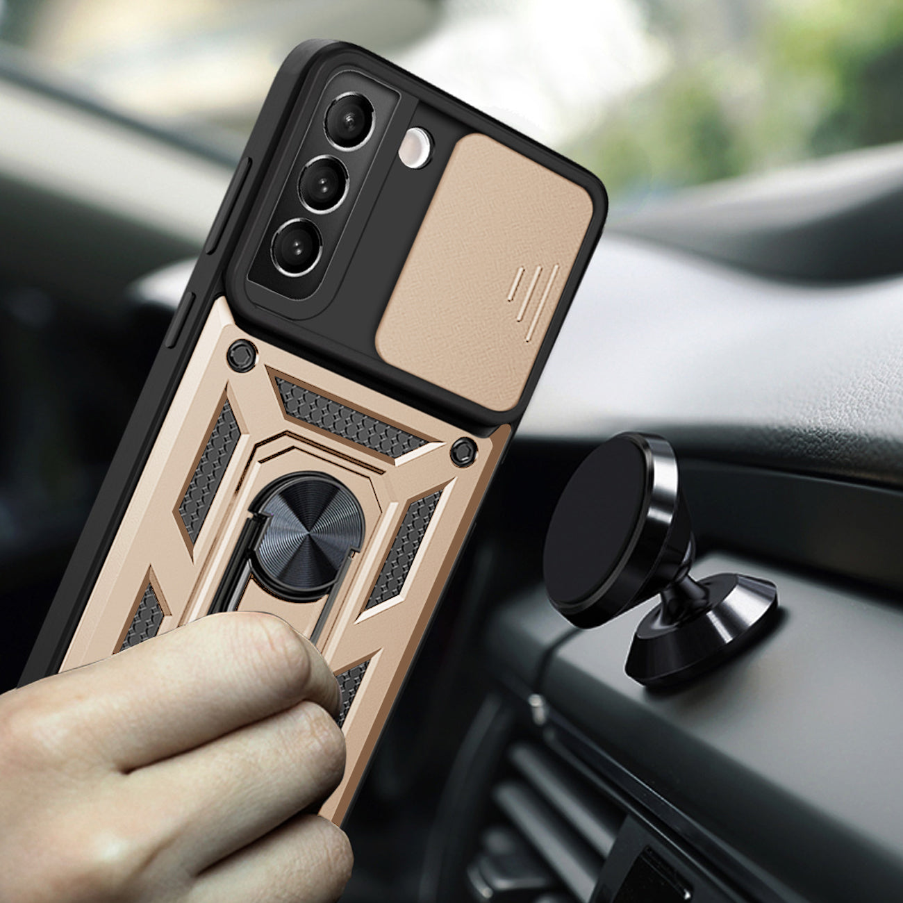 Kickstand Ring Holder & Slide Camera Cover Magnetic Car Mount for SAMSUNG GALAXY S22 In Gold