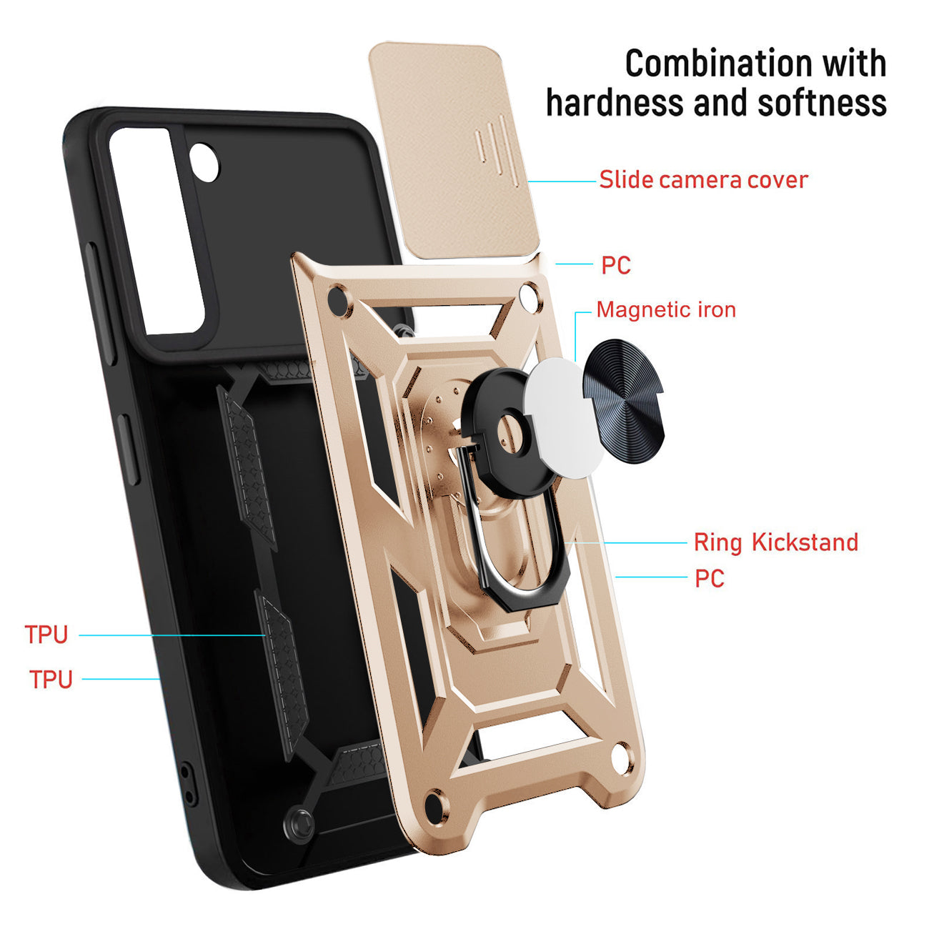 Kickstand Ring Holder & Slide Camera Cover Magnetic Car Mount for SAMSUNG GALAXY S22 In Gold
