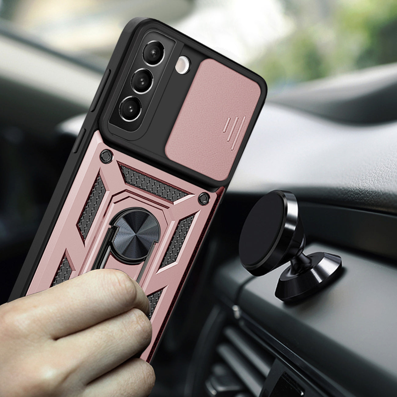 Kickstand Ring Holder & Slide Camera Cover Magnetic Car Mount for SAMSUNG GALAXY S22 In Rose Gold
