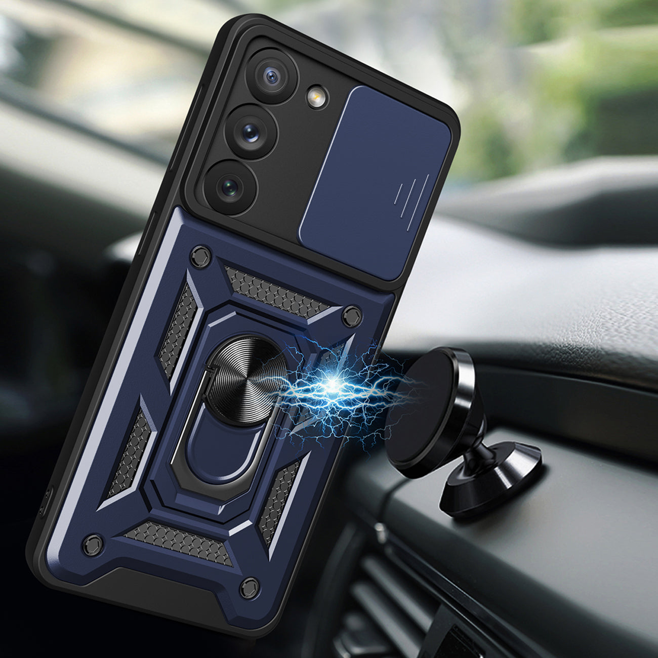 Kickstand Ring Holder with Slide Camera Cover TPU Magnetic Car Mount for GALAXY S23 In Blue