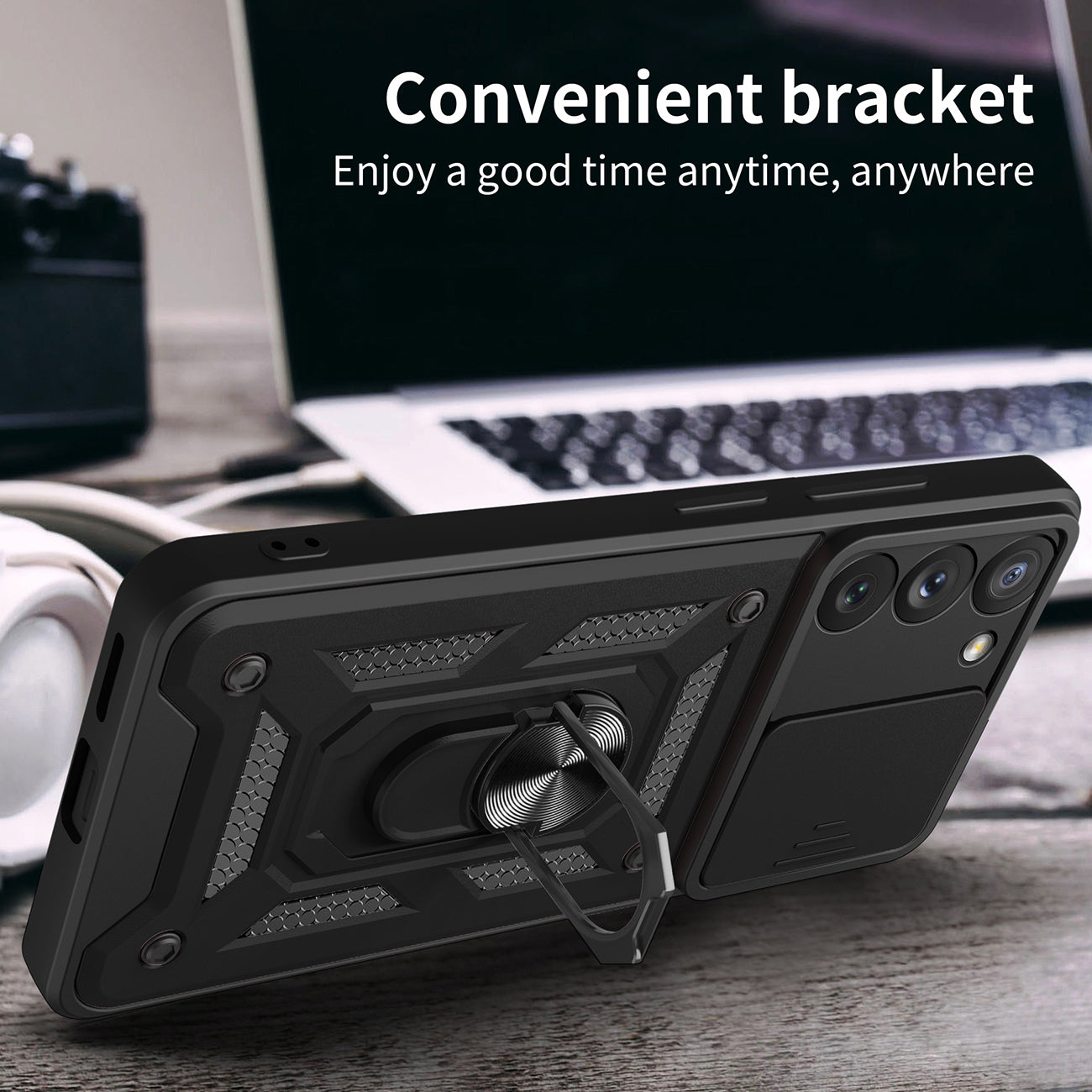 Kickstand Ring Holder with Slide Camera Cover TPU Magnetic Car Mount for GALAXY S23 PLUS In Black