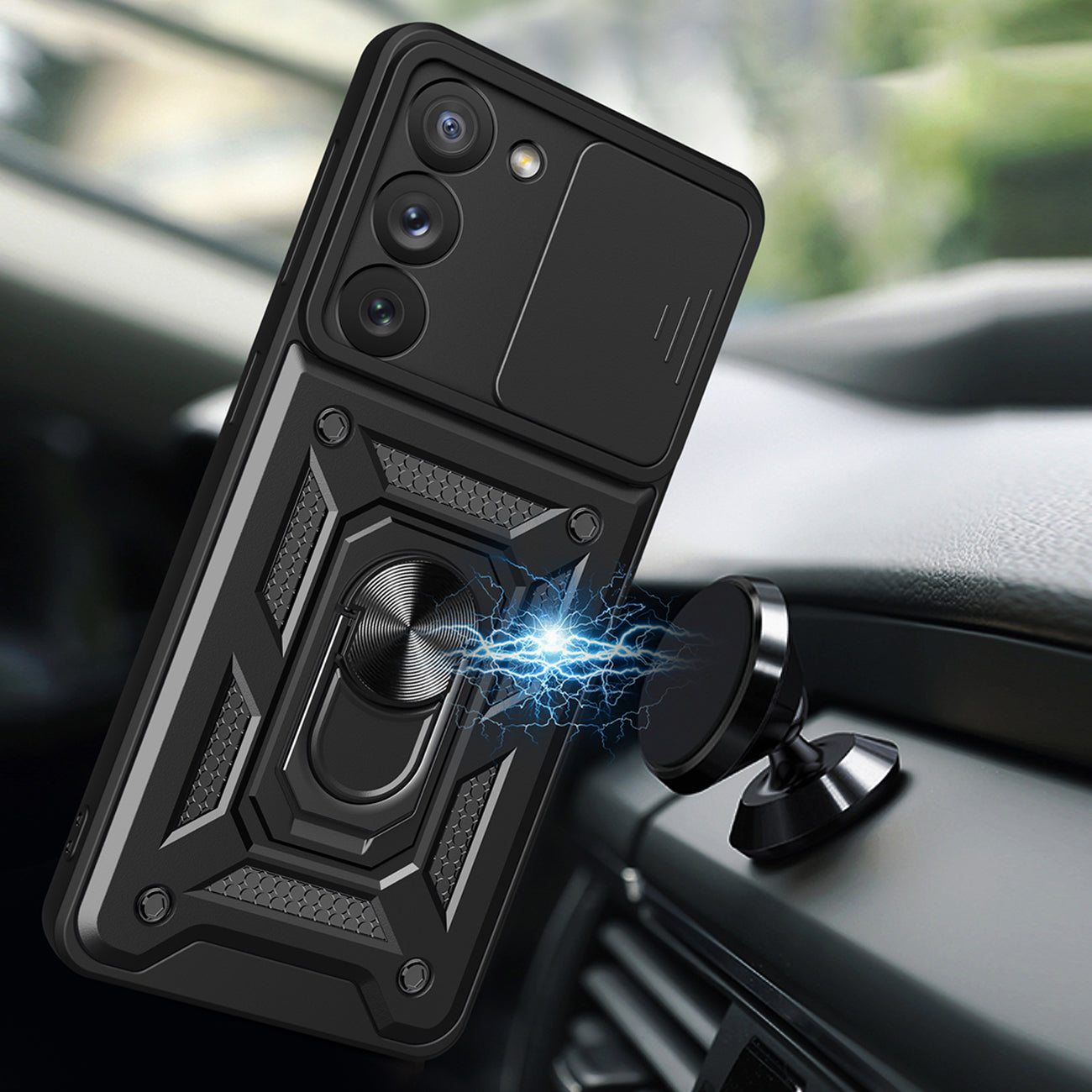Kickstand Ring Holder with Slide Camera Cover TPU Magnetic Car Mount for GALAXY S23 PLUS In Black