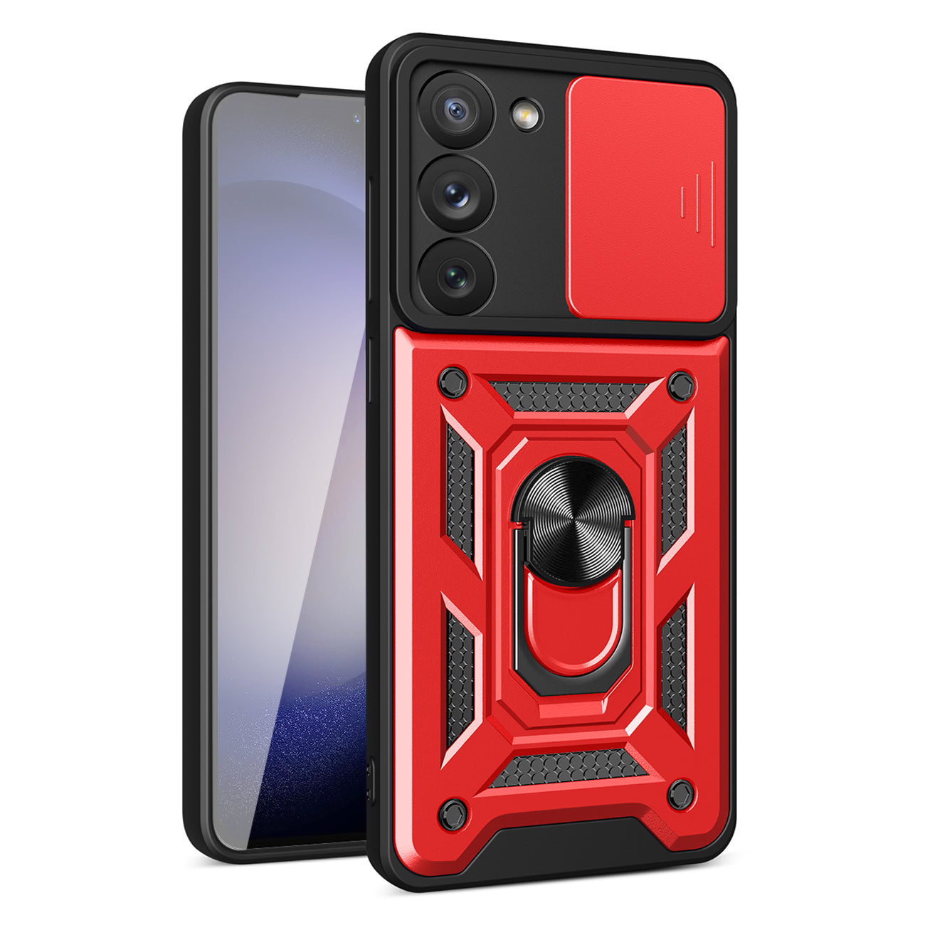 Kickstand Ring Holder with Slide Camera Cover TPU Magnetic Car Mount for GALAXY S23 In Red