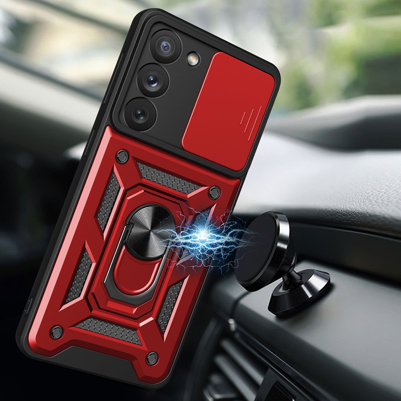 Kickstand Ring Holder with Slide Camera Cover TPU Magnetic Car Mount for GALAXY S23 In Red