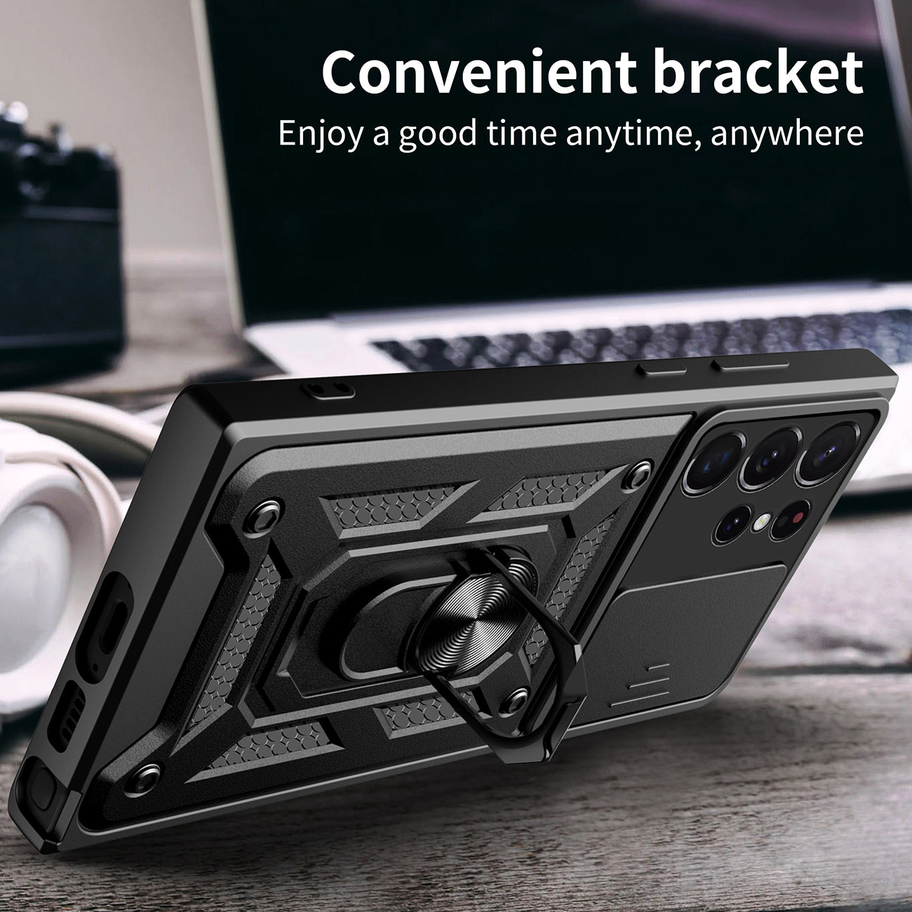 Kickstand Ring Holder with Slide Camera Cover TPU Magnetic Car Mount for GALAXY S23 ULTRA In Black
