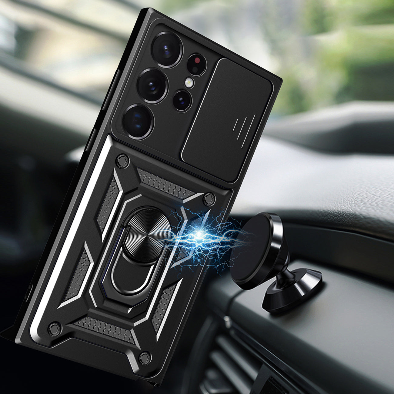 Kickstand Ring Holder with Slide Camera Cover TPU Magnetic Car Mount for GALAXY S23 ULTRA In Black