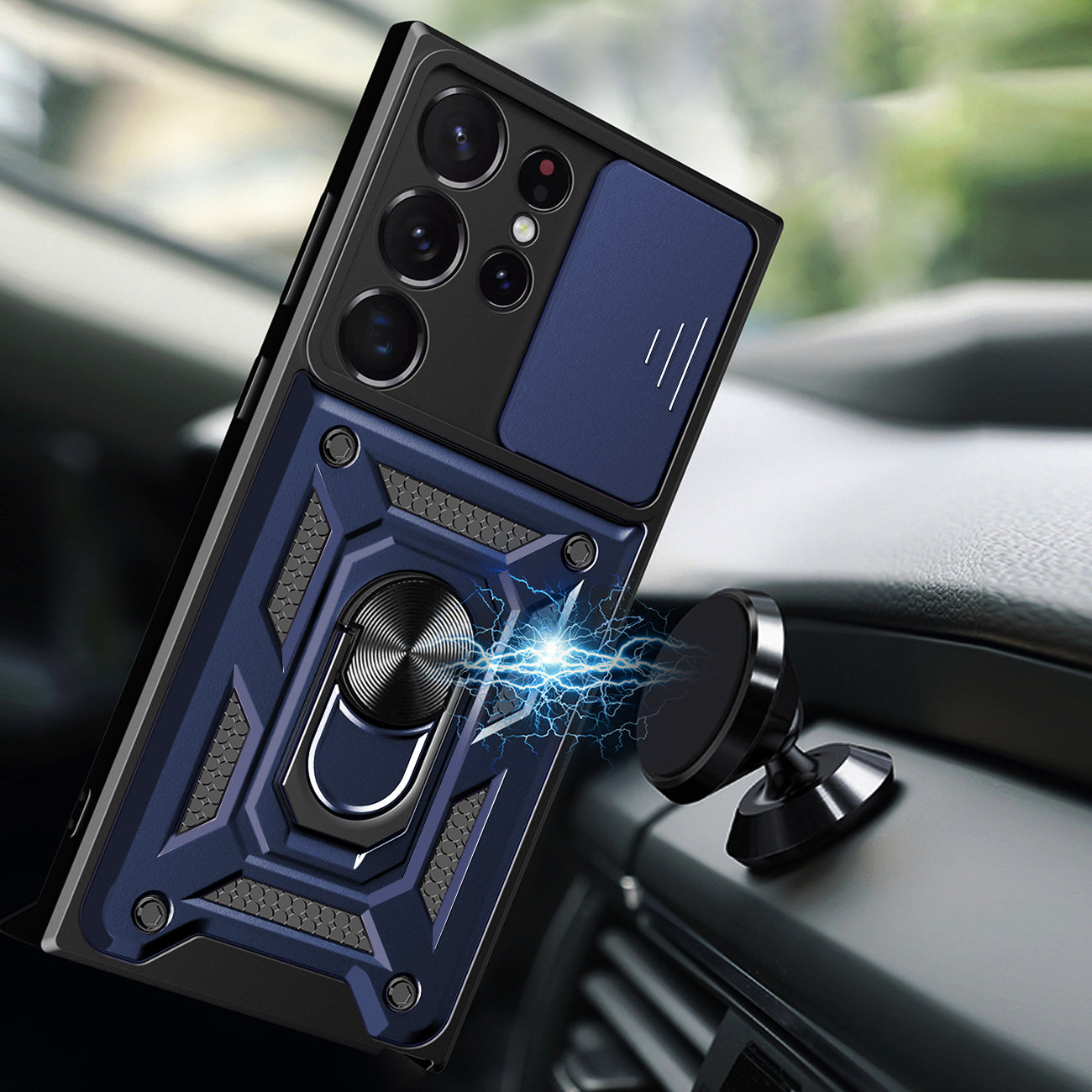 Kickstand Ring Holder with Slide Camera Cover TPU Magnetic Car Mount for GALAXY S23 ULTRA In Blue