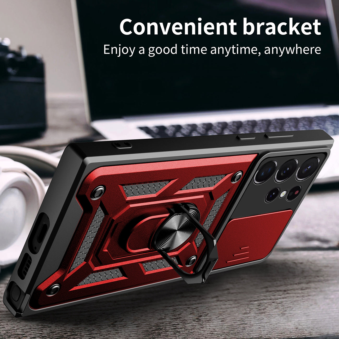 Kickstand Ring Holder with Slide Camera Cover TPU Magnetic Car Mount for GALAXY S23 ULTRA In Red