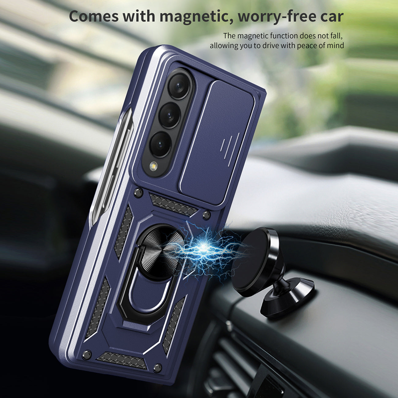 Kickstand Ring Holder TPU Magnetic Car Mount for SAMSUNG GALAXY Z FOLD 4 In Blue