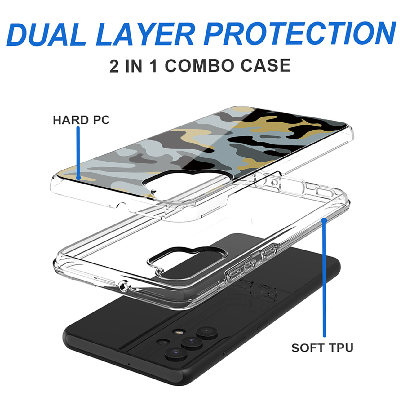 Camouflage Dual Layer Hybrid Hard & Soft TPU Rubber Case for SAMS GALAXY A32 5G In Blue