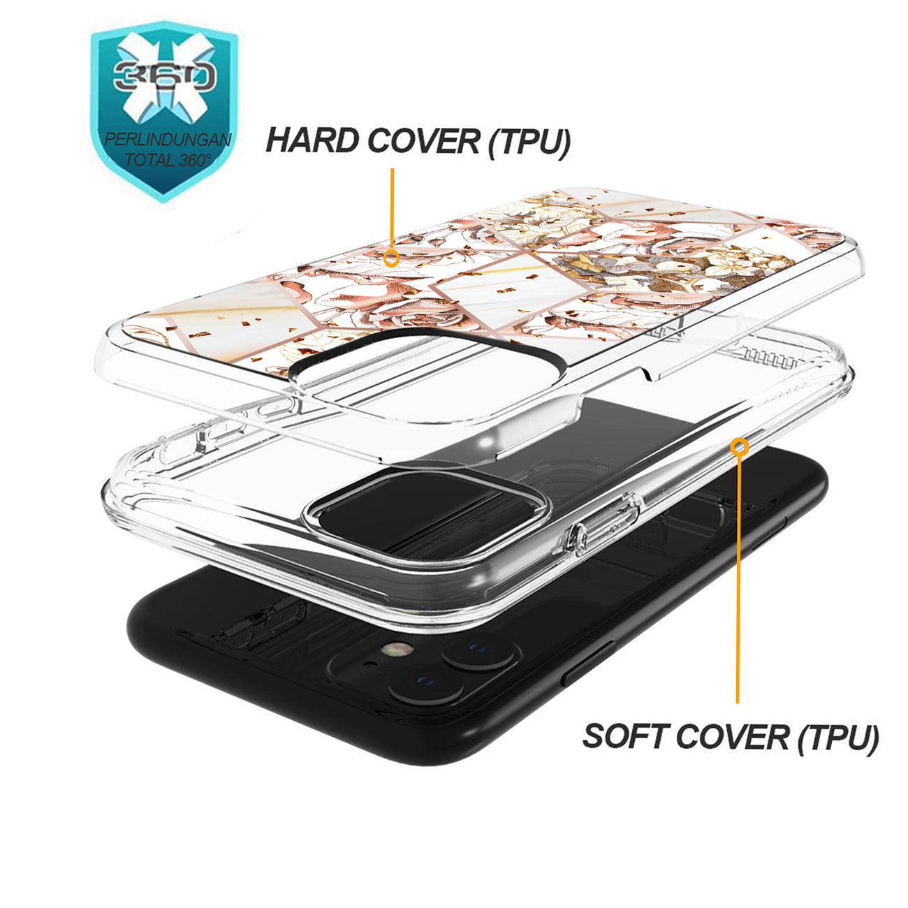 Flower Design Dual Layer Hybrid Hard & Soft TPU Rubber Case for IPH 11 In White Base Flower