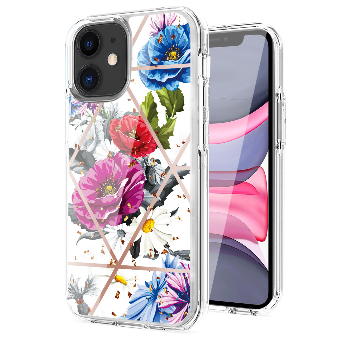 Flower Design Dual Layer Hybrid Hard & Soft TPU Rubber Case for IPH 11 In Blue Base flower