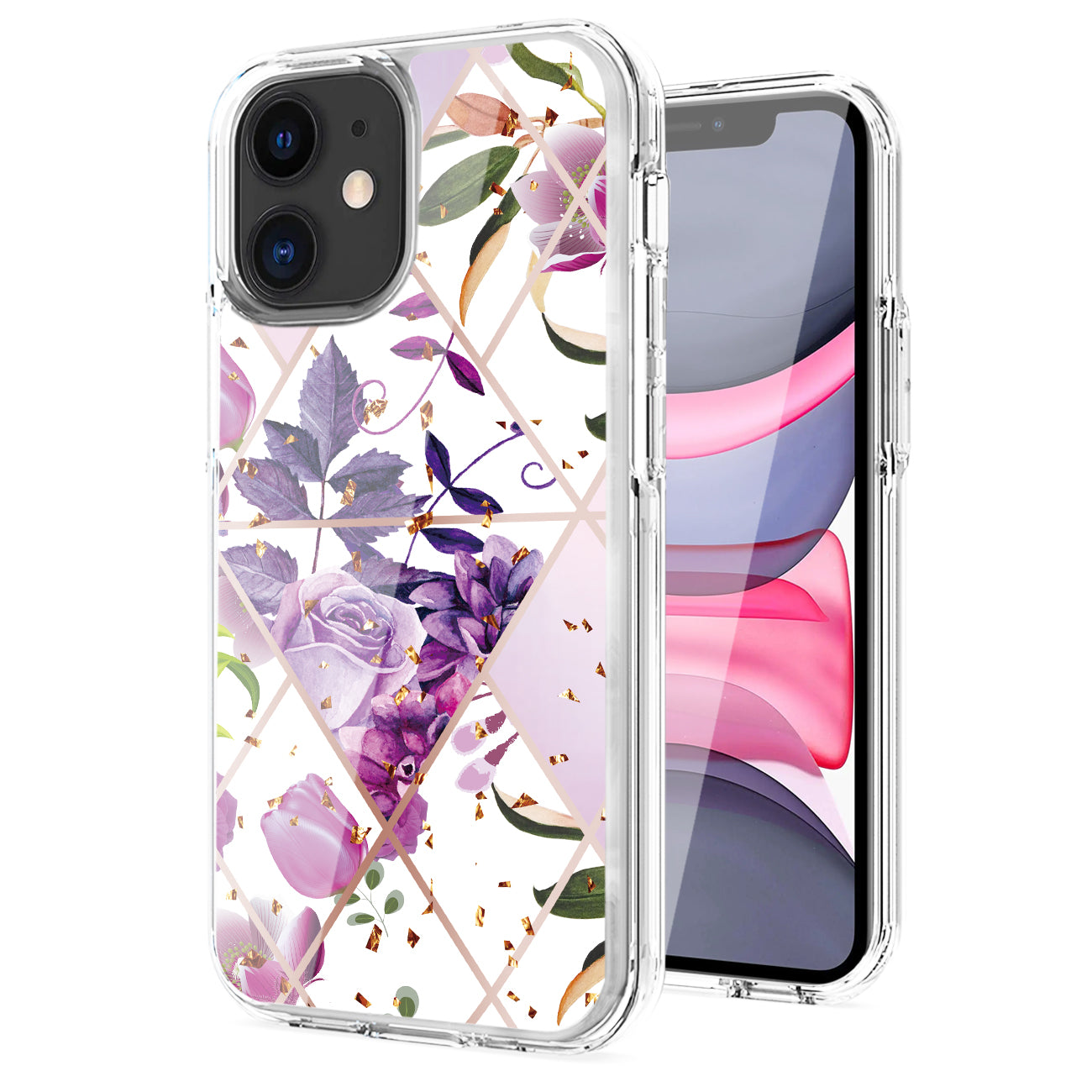 Flower Design Dual Layer Hybrid Hard & Soft TPU Rubber Case for IPH 11 In Purple Base Flower