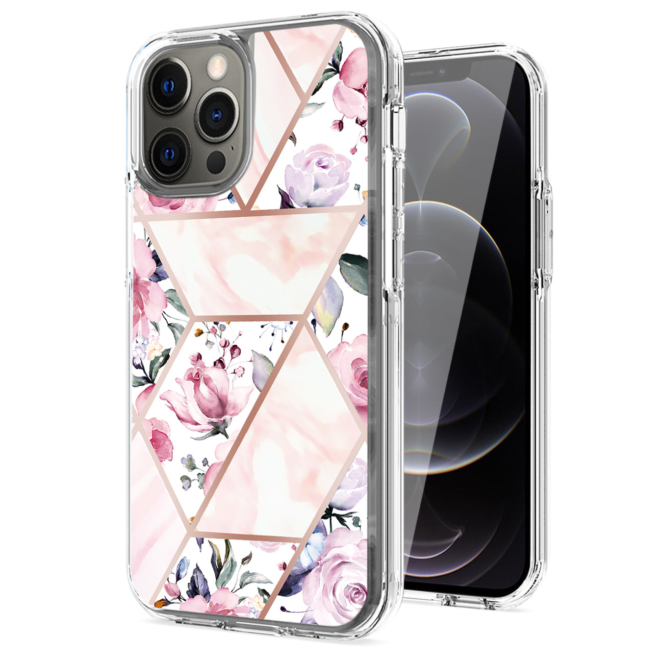 Flower Design Dual Layer Hybrid Hard & Soft TPU Case for IPH 12/IPH 12 PRO In Pink Base Flower