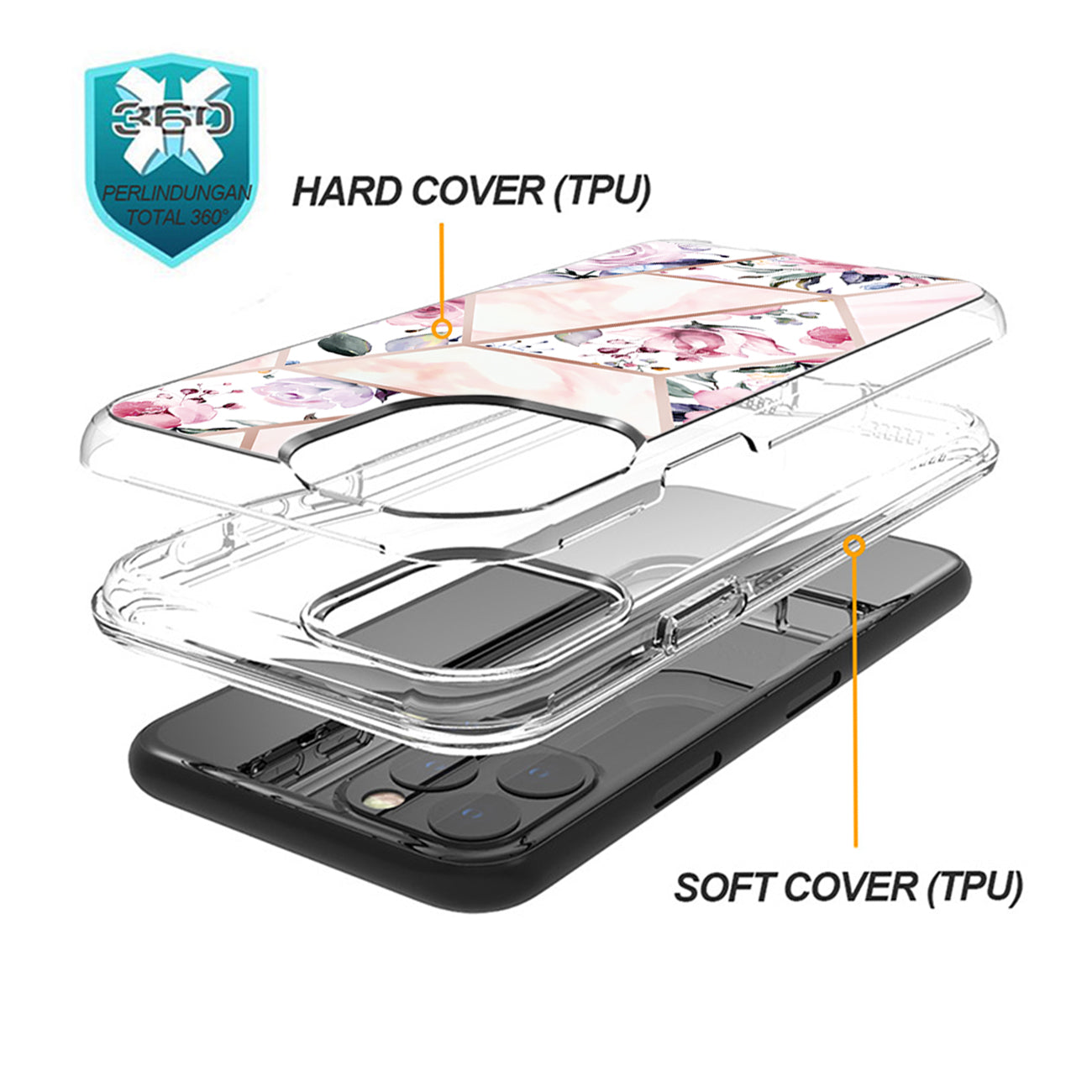 Flower Design Dual Layer Hybrid Hard & Soft TPU Case for IPH 12/IPH 12 PRO In Pink Base Flower