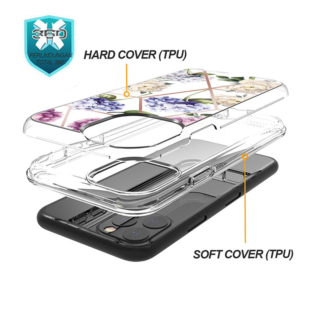 Flower Design Dual Layer Hybrid Hard & Soft TPU Case for IPH12/IPH12 PRO In Light Purple Base Flower