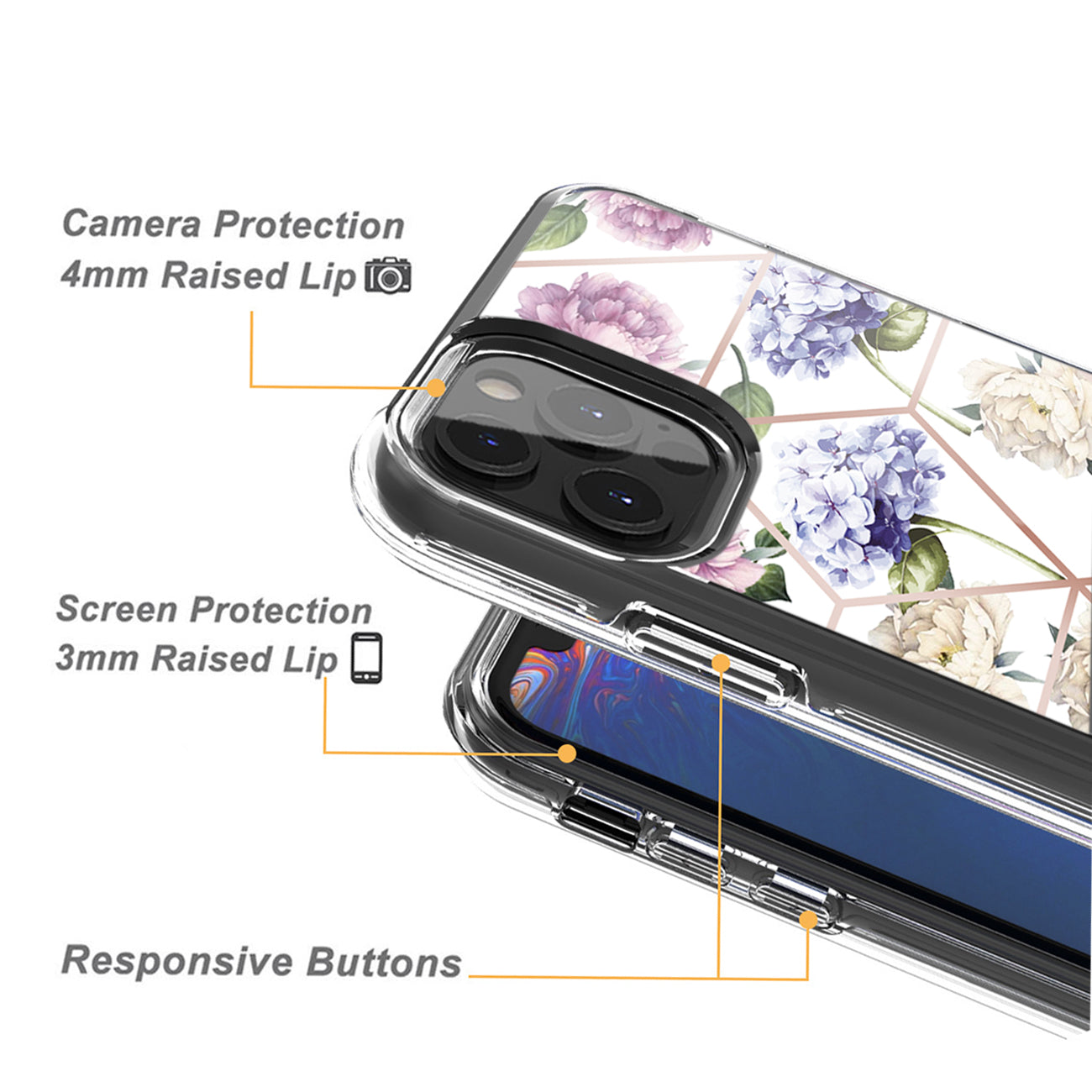 Flower Design Dual Layer Hybrid Hard & Soft TPU Case for IPH12/IPH12 PRO In Light Purple Base Flower