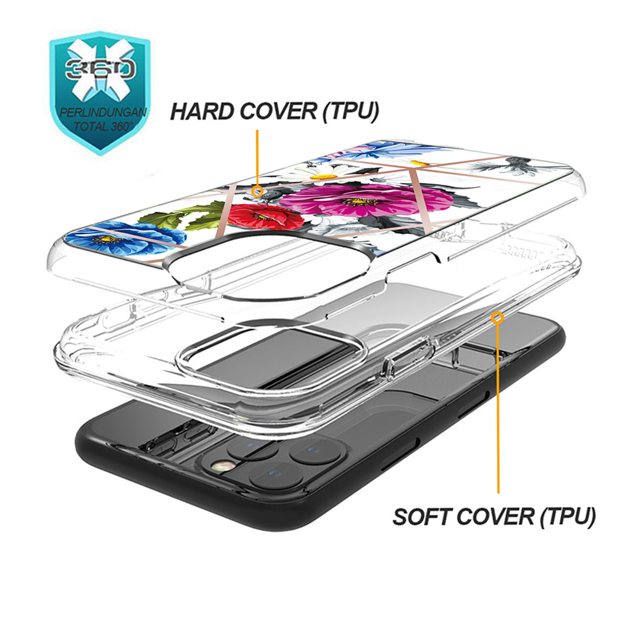 Flower Design Dual Layer Hybrid Hard & Soft TPU Case for IPH 12/IPH 12 PRO In Blue Base flower