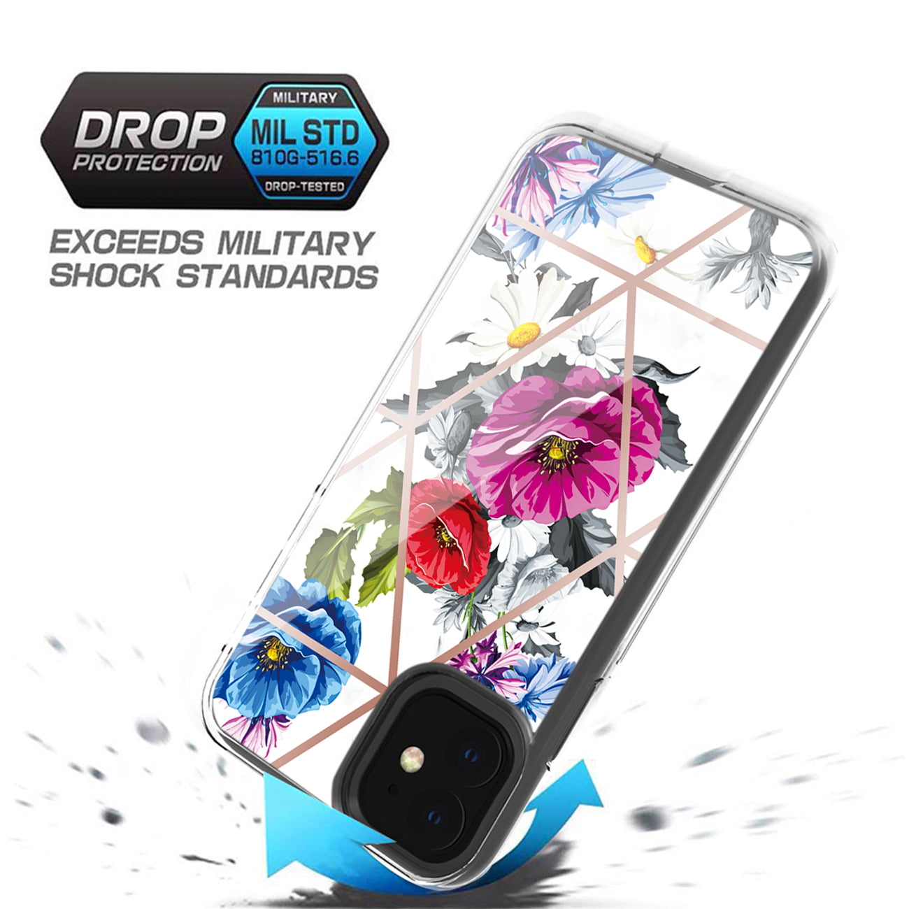 Flower Design Dual Layer Hybrid Hard & Soft TPU Case for IPH 12/IPH 12 PRO In Blue Base flower