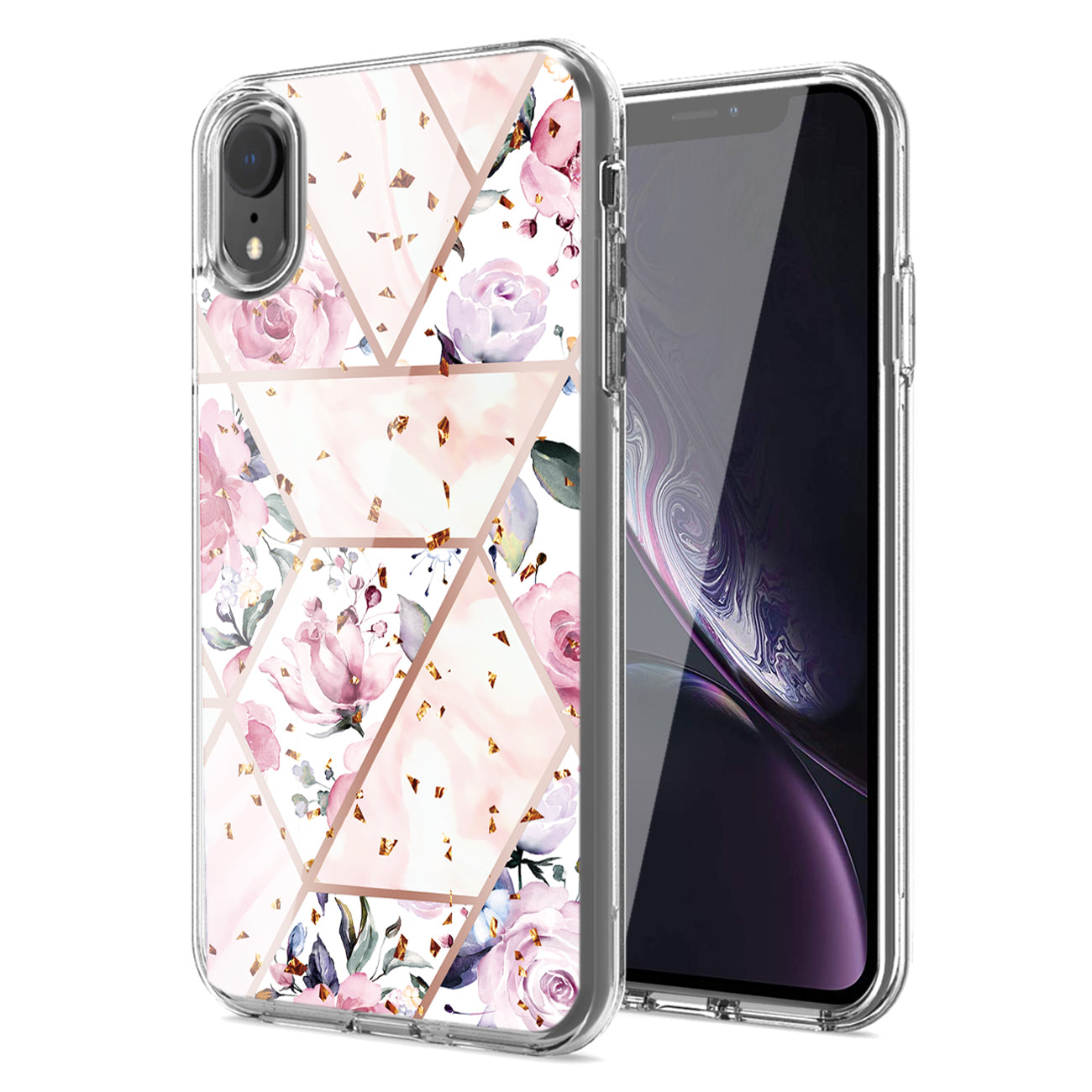 Flower Design Dual Layer Hybrid Hard & Soft TPU Rubber Case for IPH XR In Pink Base Flower