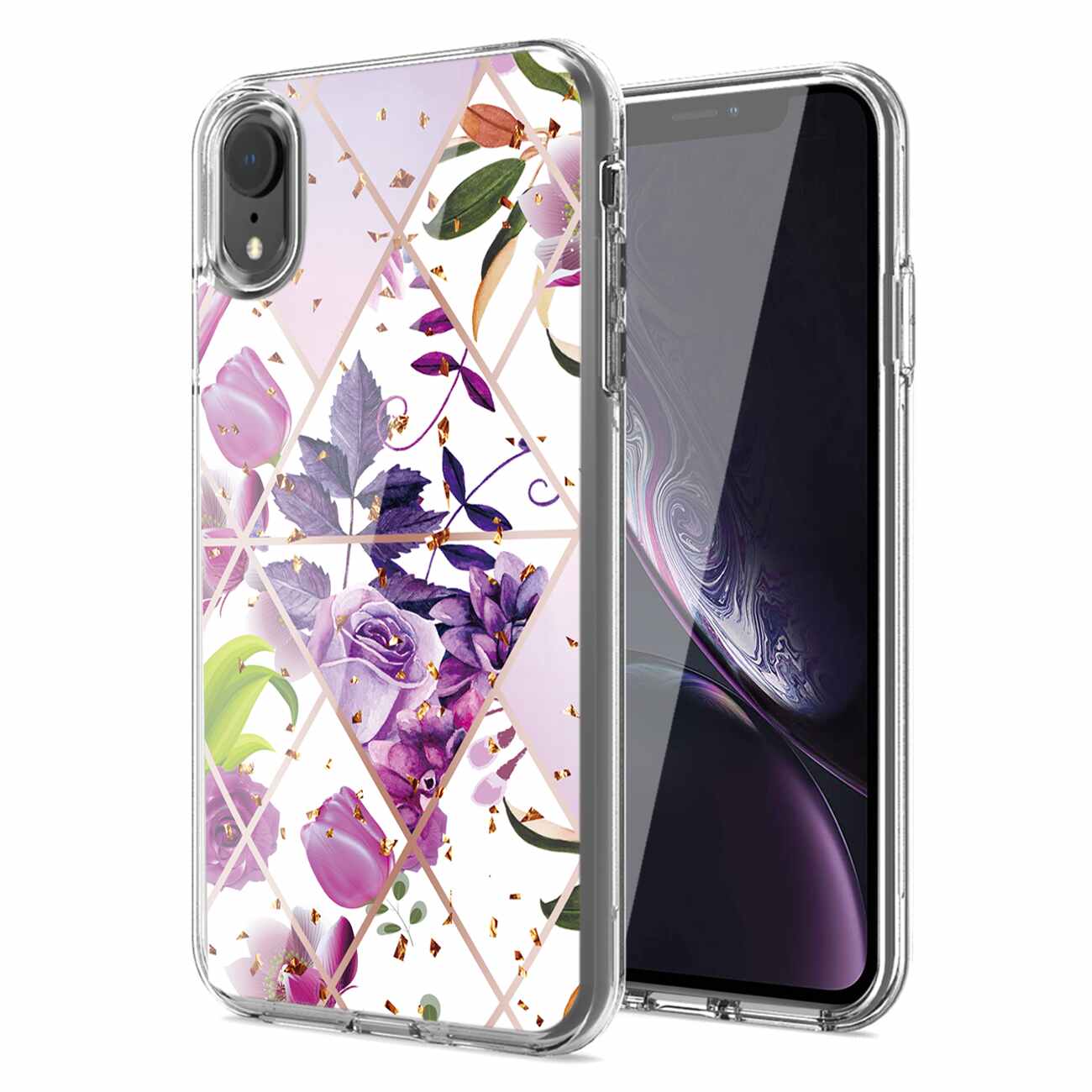 Flower Design Dual Layer Hybrid Hard & Soft TPU Rubber Case for IPH XR In Purple Base Flower