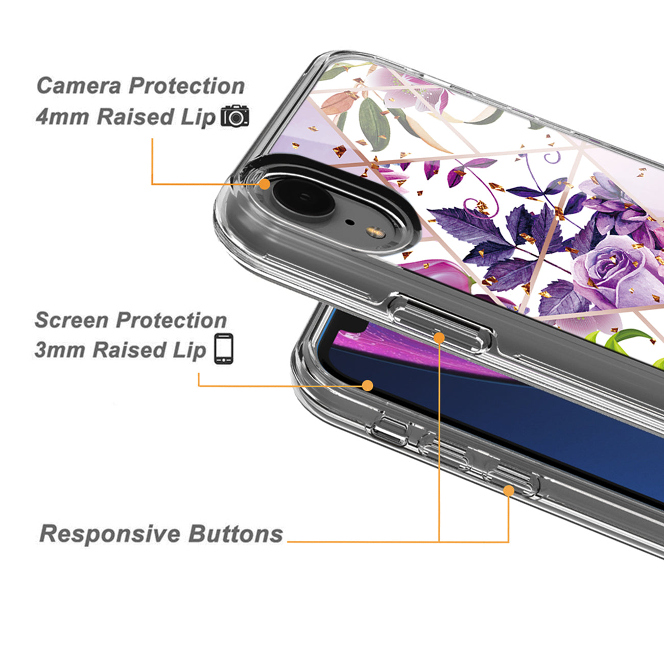 Flower Design Dual Layer Hybrid Hard & Soft TPU Rubber Case for IPH XR In Purple Base Flower